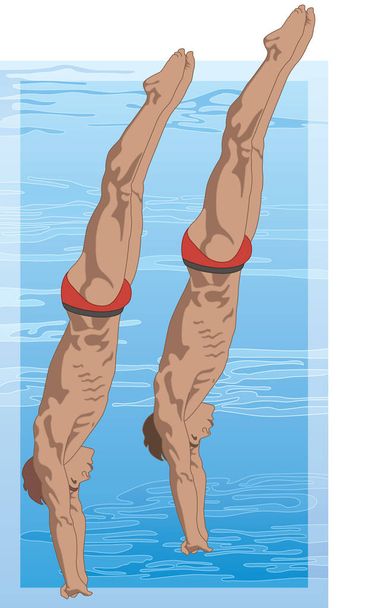 buzos, macho en posición recta sincronizada con piscina en el fondo - Vector, imagen
