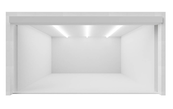 Winkel van lege commerciële ruimte van winkel, markt 3d weergave illustratie. Winkel met witte muren zonder meubels. - Foto, afbeelding