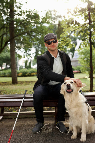 blind man lovingly stroking do, feeling gratitude for help - Fotografie, Obrázek
