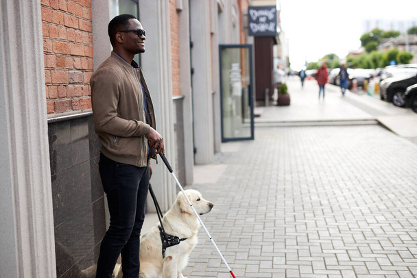 african blind guy with dog guide walking - Zdjęcie, obraz