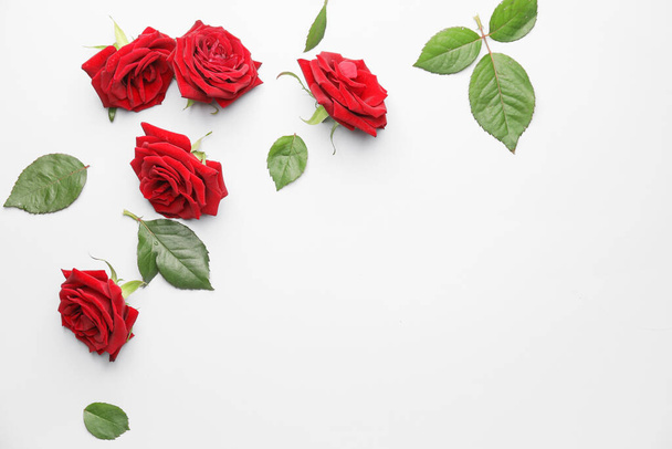 Krásné červené růže a listy na bílém pozadí - Fotografie, Obrázek