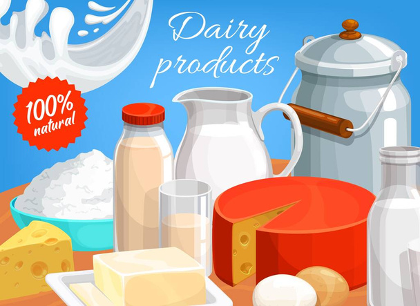Dairy products vector curd, butter, cheese and sour cream with condensed or fermented baked milk in metal can. Natural farm food cream, yogurt, eggs and kefir, farmer store assortment cartoon poster - Vector, Image