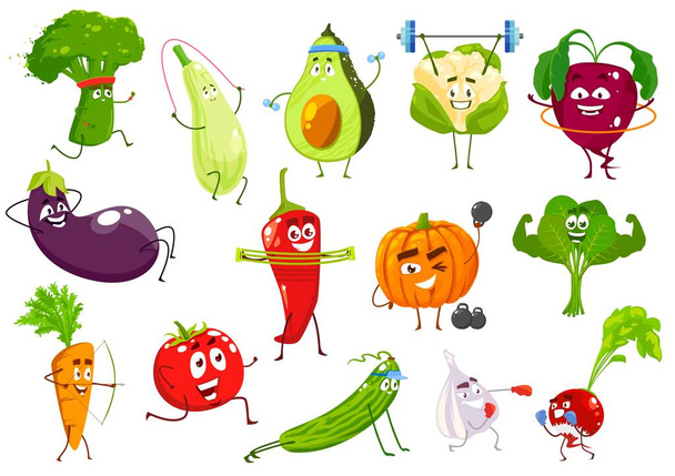Vegetables sportsmen, vector broccoli, squash and avocado, cauliflower and beetroot. Eggplant, chili petter and pumpkin, spinach, carrot and tomato with cucumber, garlic and radish cartoon veggies - Vector, Image
