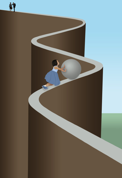 A young girl pushes a large metallic ball up a narrow steep and dangerous path in an illustration about growing up. - Photo, Image