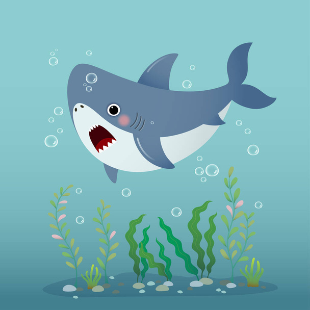 Vector illustration cute cartoon shark swimming underwater in the blue ocean. - Vektor, kép