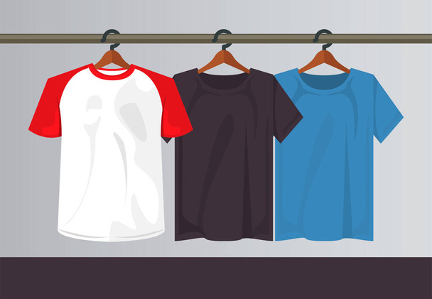 три макета рубашки в прищепках висят - Вектор,изображение