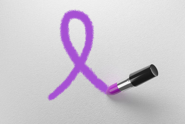Lipstick drawing a pink ribbon on a white background. Domestic violence concept . 3d illustration. - 写真・画像