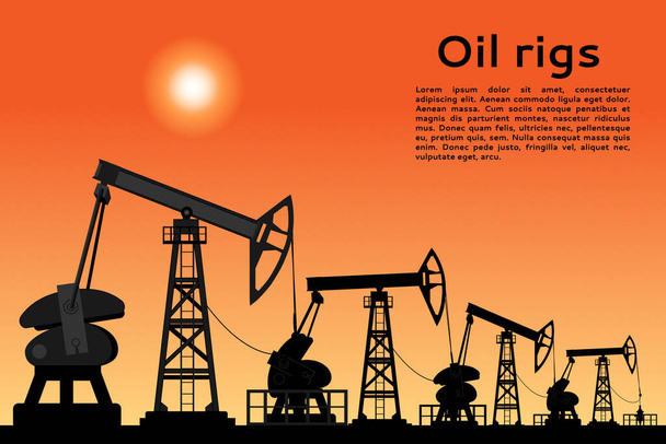 Silhouette di Pumpjack sullo sfondo del tramonto o dell'alba. Concetto di industria petrolifera. Illustrazione vettoriale. stile piatto - Vettoriali, immagini