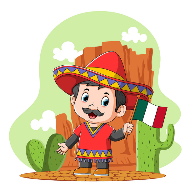 The cartoon of mexican boy use the sombrero in the desert - Διάνυσμα, εικόνα