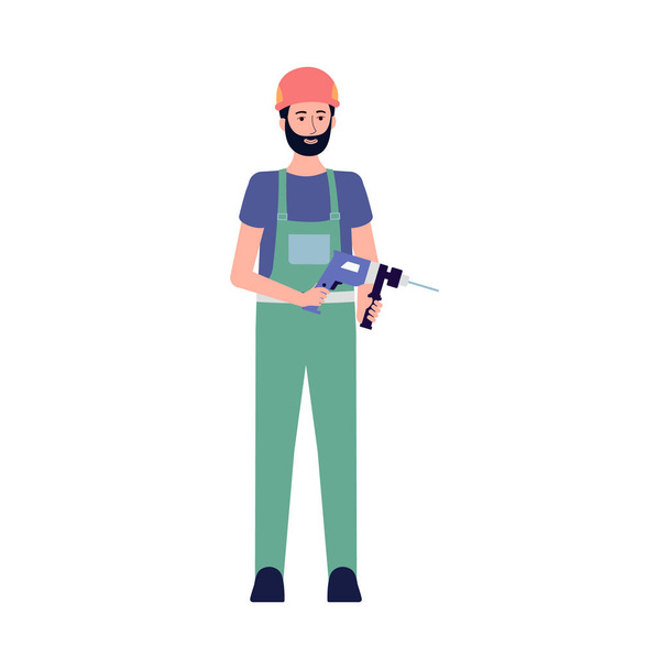 Builder or repairman with electric drill, flat vector illustration isolated. - Vector, afbeelding