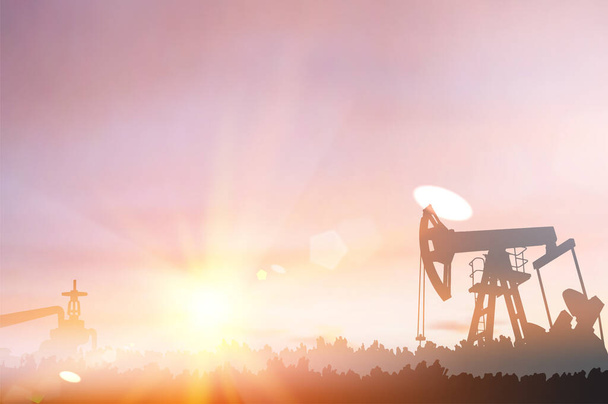 Dark silhouette of drilling rig and pump during sunset - Vector, Image