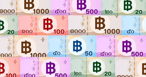 банкноты деньги тайский бат шаблон для фона, деньги 1000, 500, 100, 50, 20 бат плоский стиль в верхней части зрения, тайская валюта THB для обоев, бумажные деньги для баннерного фона, концепция финансирования бизнеса - Вектор,изображение