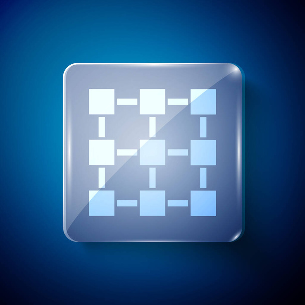 Λευκό εικονίδιο τεχνολογίας Blockchain απομονωμένο σε μπλε φόντο. Δεδομένα κρυπτονομισμάτων. Αφηρημένη γεωμετρική αλυσίδα μπλοκ επιχείρηση τεχνολογίας δικτύου. Τετράγωνα γυάλινα πάνελ. Διάνυσμα. - Διάνυσμα, εικόνα