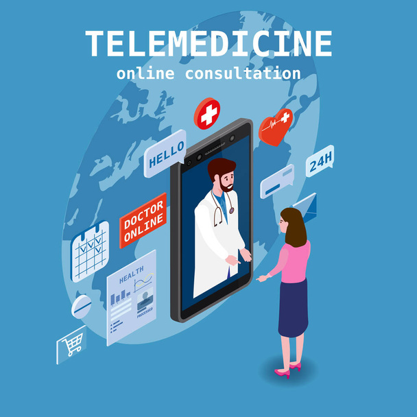 Telemedicína smartphone koncept znaků lékař a pacient konzultace diagnóza prostřednictvím internetu. Online lékařská služba. Izometrické ikony mapa Země, vektorové ilustrace izolované - Vektor, obrázek