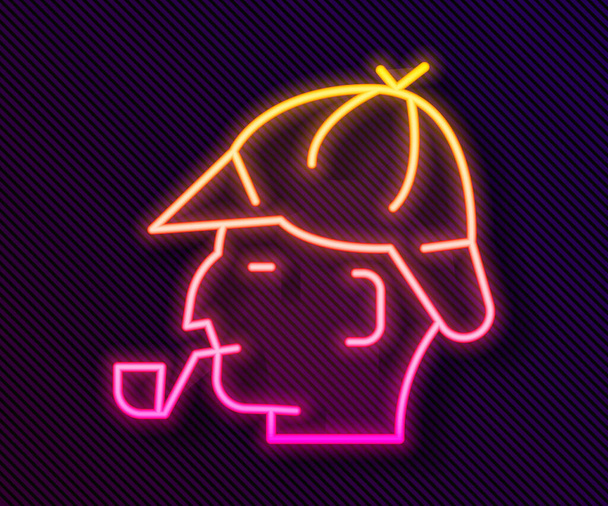 Glowing neon line Sherlock Holmes with smoking pipe icon isolated on black background. Detective.  Vector. - Vector, Image