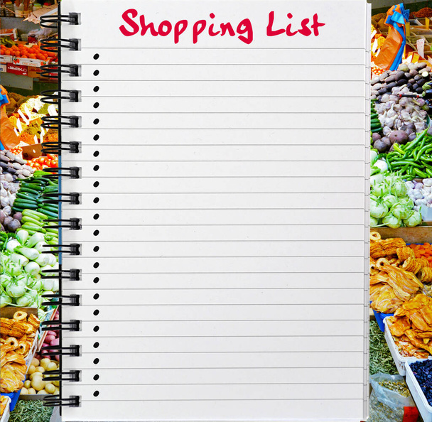 Ögeler için metin içeren yiyecek pazarı alışveriş listesi. - Fotoğraf, Görsel