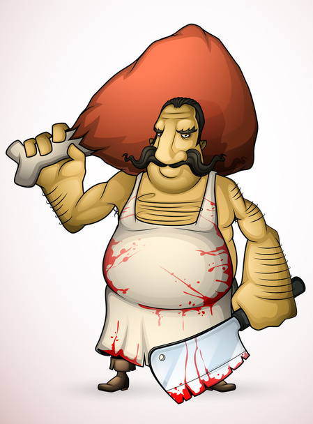Butcher with a hatchet in his hand and gammon - Vector, afbeelding