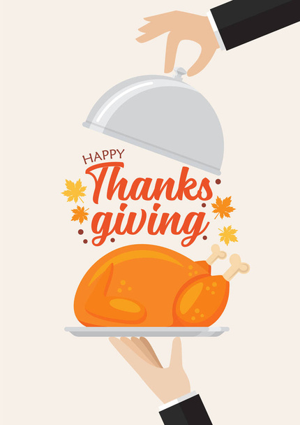 Waiter serving a turkey with Happy Thanksgiving lettering. Vector illustration for greeting cards - Vecteur, image