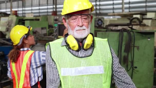 Starší tovární dělník nebo inženýr zblízka portrét v továrně - Záběry, video