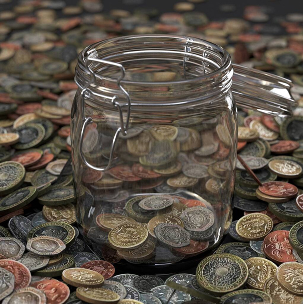 Sluitingen van gemorste munten op het oppervlak en enkele munten in doorzichtige glazen pot - Foto, afbeelding