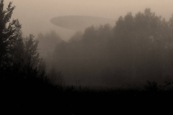 Composizione astratta di astronave aliena sopra foresta nebbiosa e silhouette figurine extraterrestri nel prato durante la notte buia. Vintage grunge filtro stile colore con rumore e artefatti di compressione - Foto, immagini