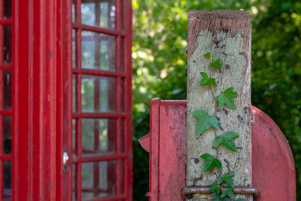 Weathered English post box on ivy covered post in a small village in rural England. Traditional English telephone box in the background. post mail England countryside. - Photo, Image