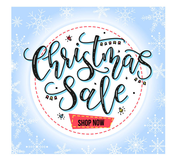 Christmas sale calligraphy. Advertising poster for the store. Discounts up to 50 percent. Lettering and snow decoration for flyers, poster, web, banner, and card vector illustration - Διάνυσμα, εικόνα