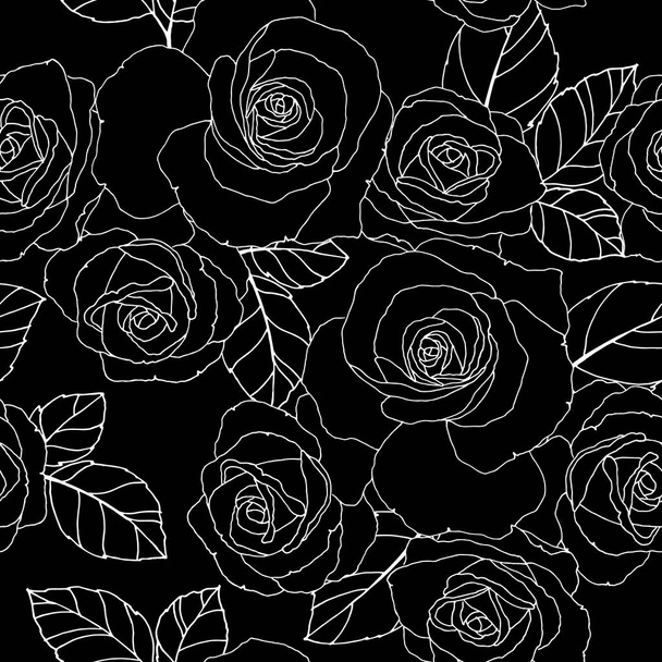 seamless pattern, rose and leaves in monochrome colors, wedding background, linear pattern - Vektor, obrázek