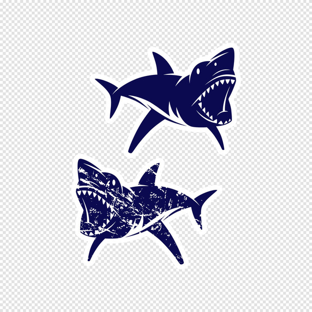 Diseño agresivo de la pegatina de tiburón. Conjunto plano y texturizado - Vector, Imagen