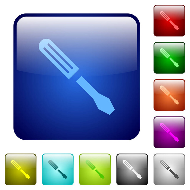 Einzelne Schraubenzieher-Symbole in abgerundeter quadratischer Farbe Hochglanz-Knopf-Set - Vektor, Bild