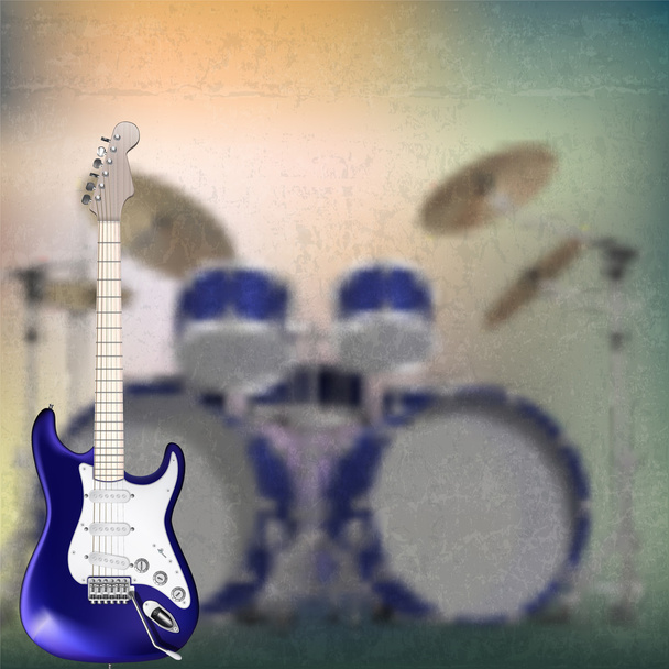Абстрактный музыкальный фон с электрогитарой и барабанным комплектом
 - Вектор,изображение