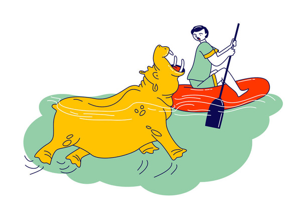 El personaje es atacado con agua hipopótamo durante el viaje en río en barco. Peligro Ataque de animales salvajes en la naturaleza - Vector, Imagen