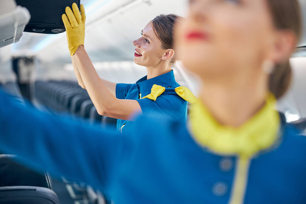Beautiful stewardess helping with luggage on the board of commercial airplane - Photo, Image