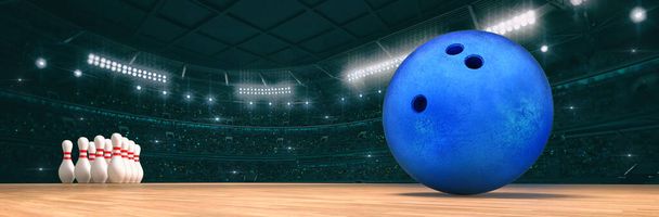 Sportovní krytá aréna s bowlingovou koulí na dřevěné podlaze jako širokoúhlé pozadí. Digitální 3D ilustrace interiéru sportovní budovy. - Fotografie, Obrázek