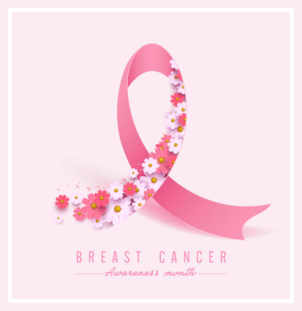 Cancro da mama outubro conscientização mês rosa flor e fita banner fundo, ilustração vetorial - Vetor, Imagem