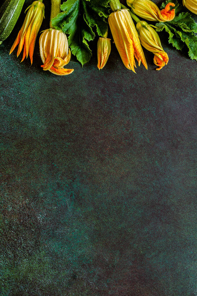 Zucchini Flowers and Leaves, copy space for your text - Foto, afbeelding