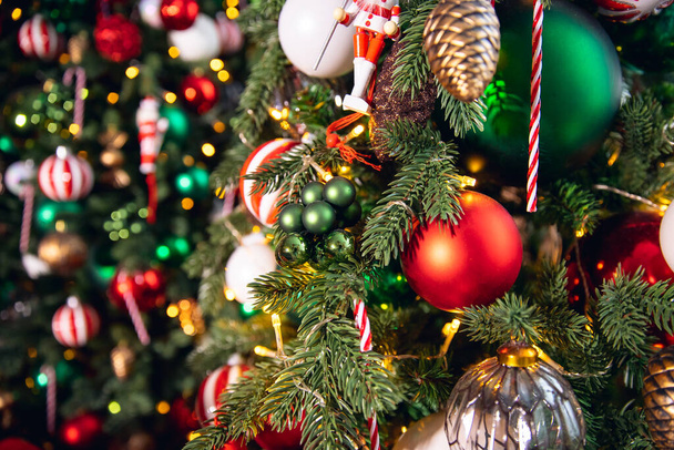 Christmas green pine tree with background bokeh light - Фото, изображение