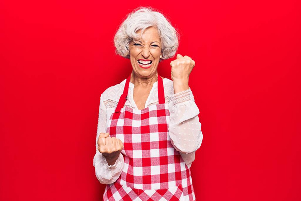 Femme âgée aux cheveux gris portant un tablier célébrant surprise et étonnée pour le succès avec les bras levés et les yeux fermés  - Photo, image