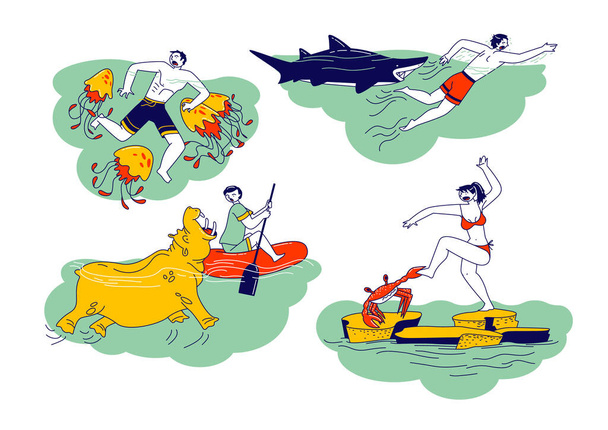 Set di personaggi è attaccato con animali acquatici ippopotamo, granchio, medusa e squalo. Attacco bestia durante il viaggio - Vettoriali, immagini