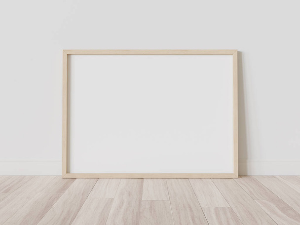 Wooden frame leaning on floor in interior mockup. Template of a picture framed on a bright wall 3D rendering - Valokuva, kuva