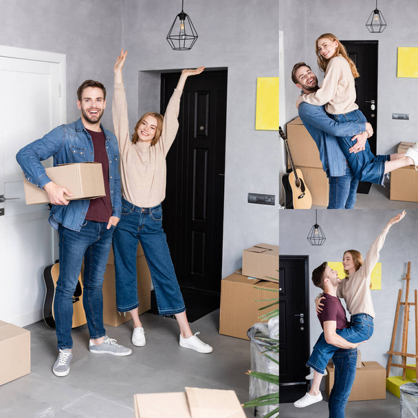 collage of man holding in arms girlfriend and carton box, pleased woman standing with hands above head, relocation concept - Photo, Image