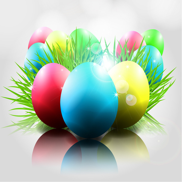 Happy Vector Easter Background with Colorful Eggs grass - Vektör, Görsel