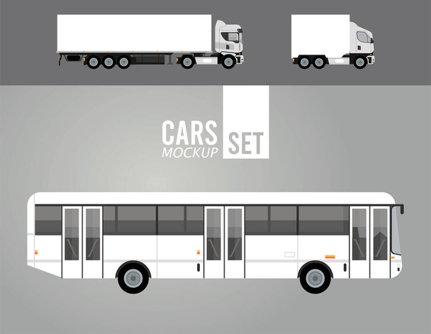 białe samochody ciężarowe i autobusowe makiety pojazdów ikony - Wektor, obraz