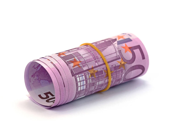 Beyaz arkaplana karşı yuvarlanmış euro banknotları - Fotoğraf, Görsel