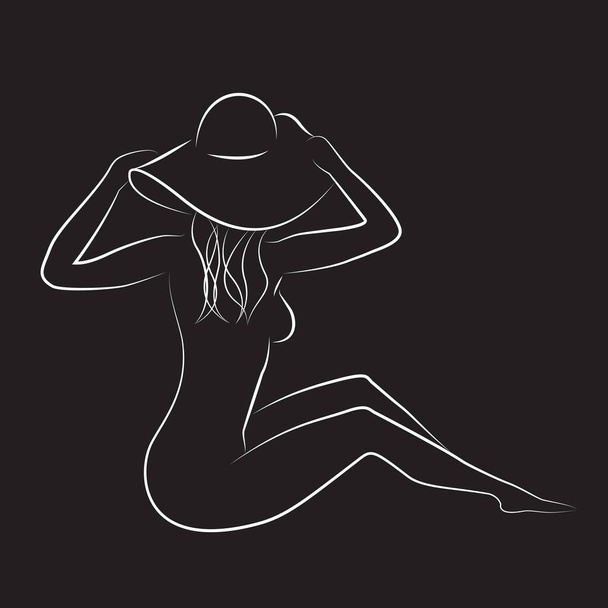 White contour of half-sitting beautiful woman, hand drawing illustration - Вектор,изображение