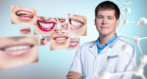 Dentist doctor presents collage of healthy beautiful smiles. - Photo, Image
