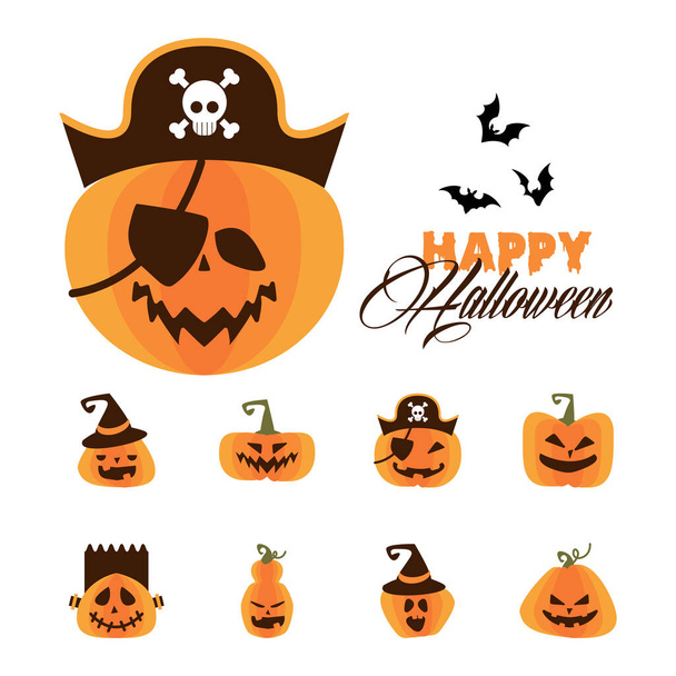 calabaza pirata y paquete de calabazas de halloween iconos de estilo plano - Vector, Imagen