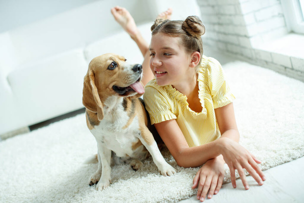 Enfant avec un chien. Adolescente avec un chien beagle à la maison.  - Photo, image