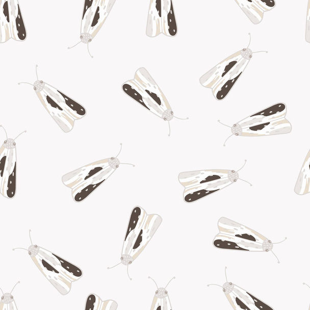 Geïsoleerde willekeurige naadloze patroon met mollen eenvoudige silhouetten. Lichte insectenvormen met bruine details op witte achtergrond. Ideaal voor behang, textiel, inpakpapier, stof. Vectorillustratie. - Vector, afbeelding