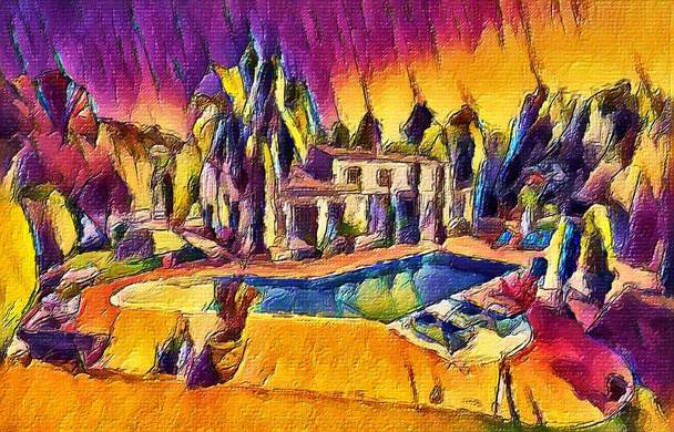 Villa uima-allas, vahva aquarell digitaalinen maalaus - Valokuva, kuva